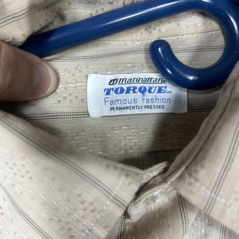 VTG Manhattan Torque Shirt Mens M 15-32 Beige Geometric Stripe 60s 70s Button up - Picture 3 of 8